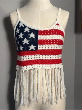 Medium Crochet American Flag Fringe Tank Top - Red White Blue